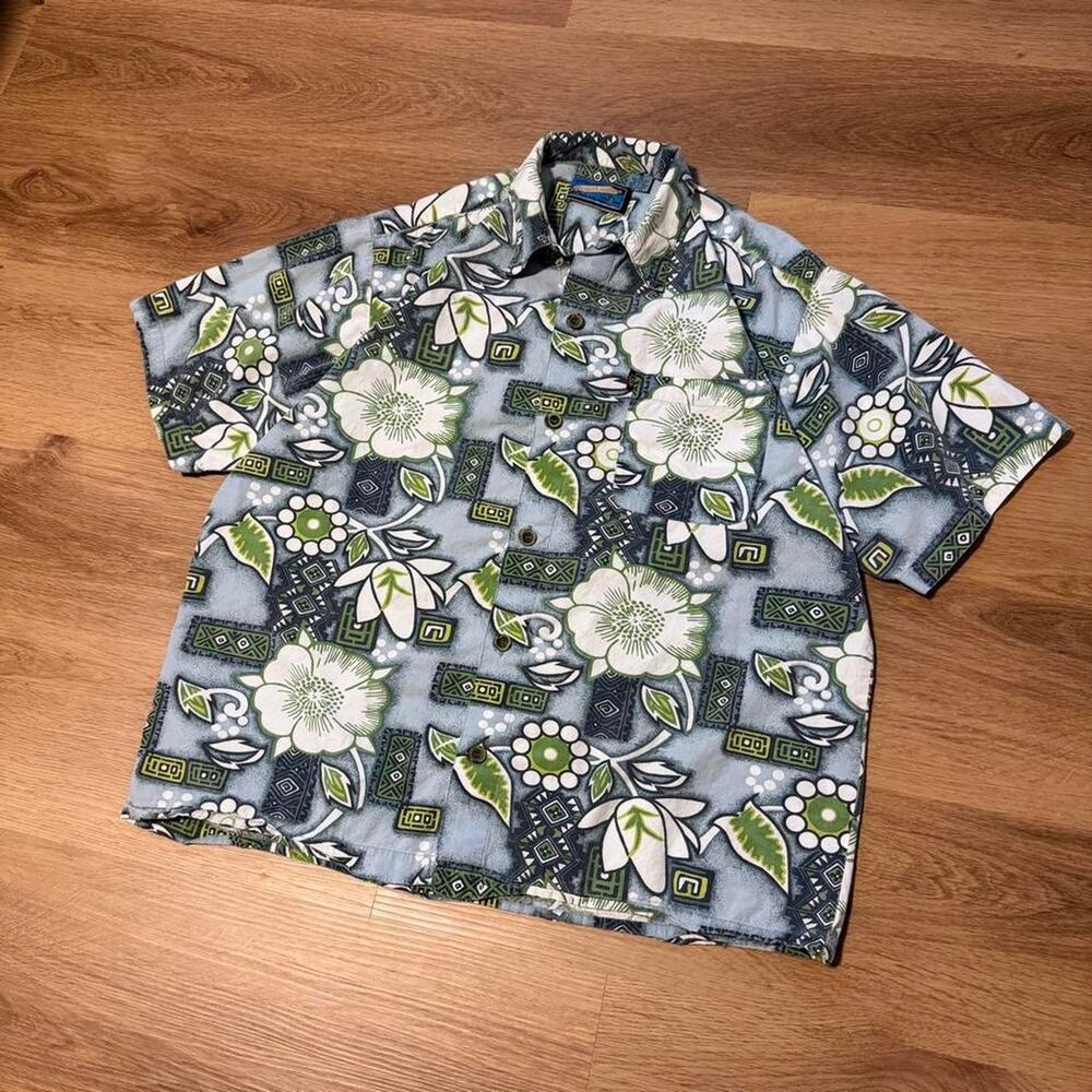 Vintage Pineapple Connection Hawaiian Shirt Floral Abstract Blue Green Size S